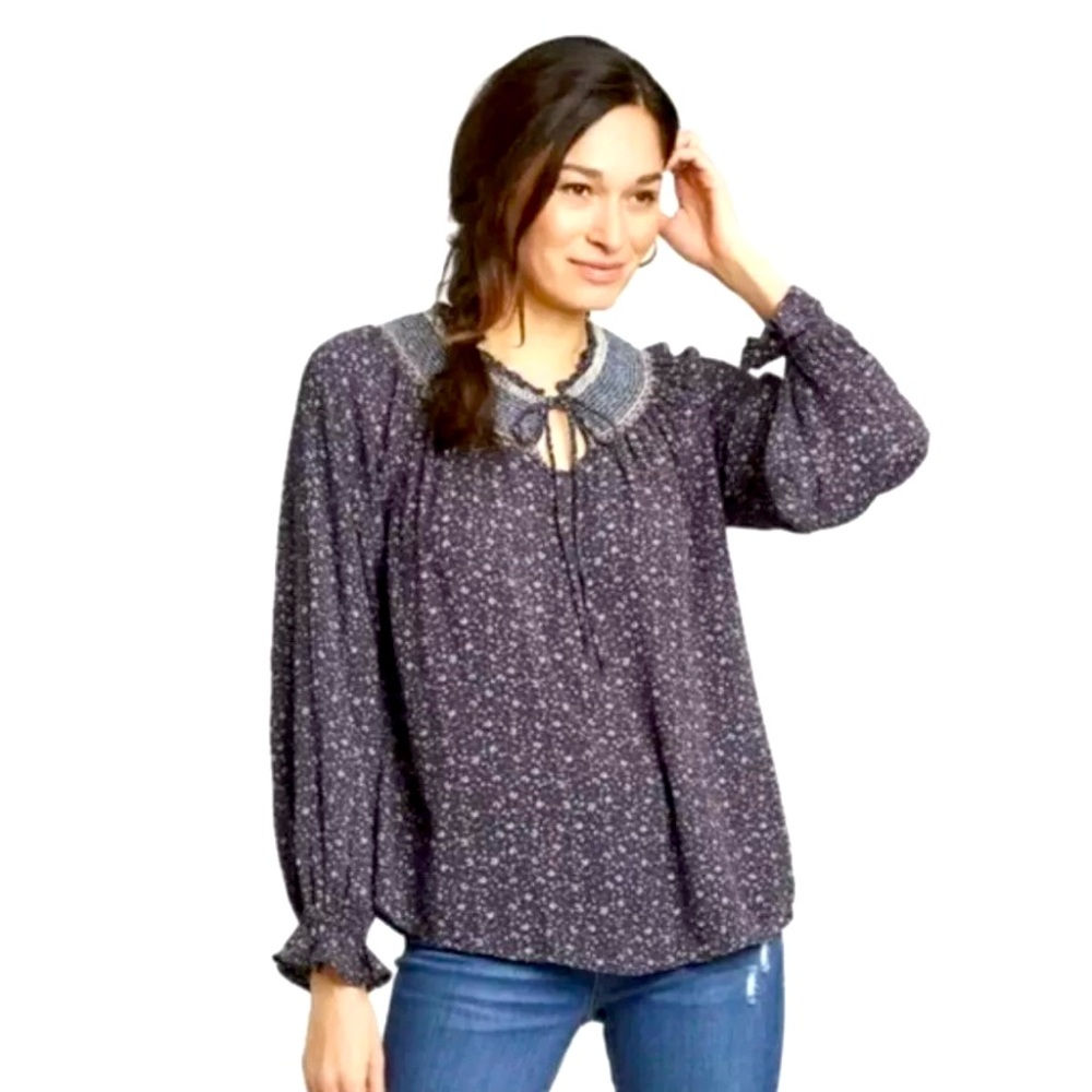 Knox Rose Women’s Blue Floral Embroidered Peasant Blouse Size Large